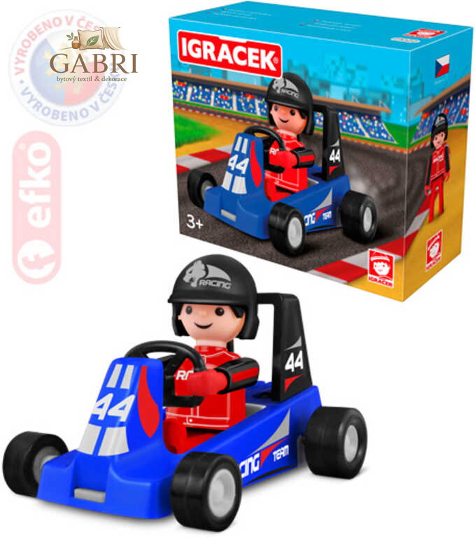 EFKO IGRÁČEK Závodník s motokárou 7,5cm modrá v krabičce STAVEBNICE