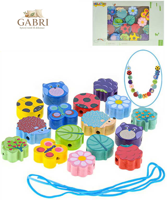 DŘEVO Navlékací korálky set 16ks s provázkem les *DŘEVĚNÉ HRAČKY*