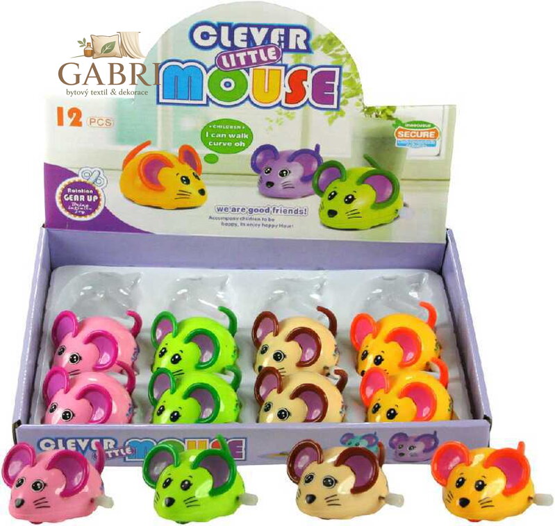 Myška natahovací na klíček plastová na kolečkách vrtí ocáskem 4 barvy