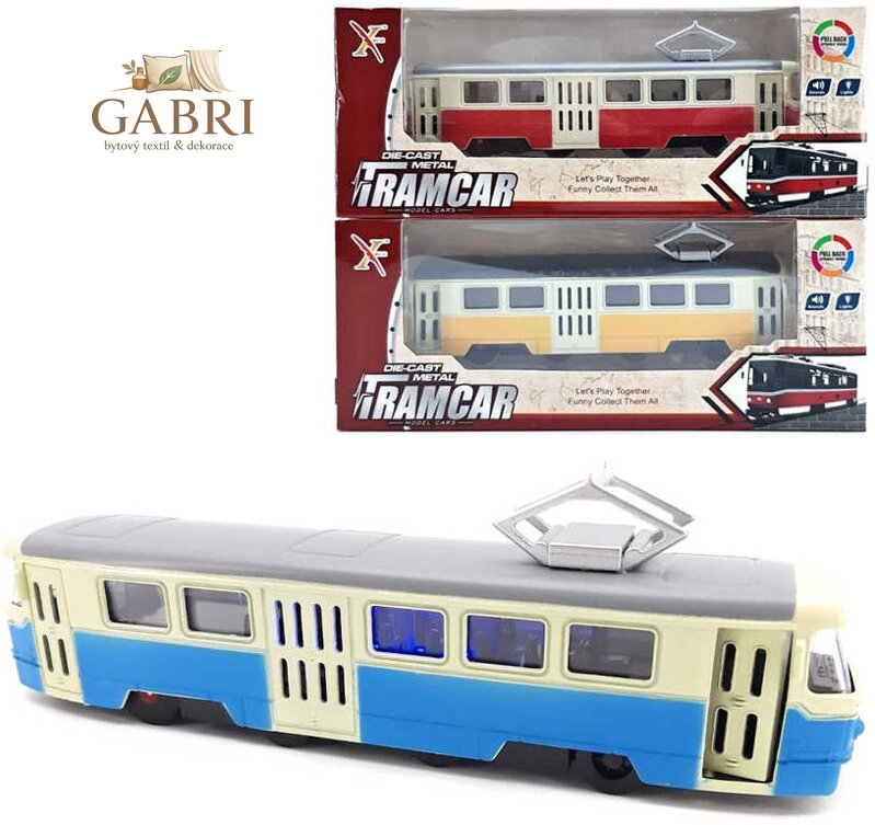Tramvaj kovová s efekty 16cm na baterie zpětný chod Světlo Zvuk