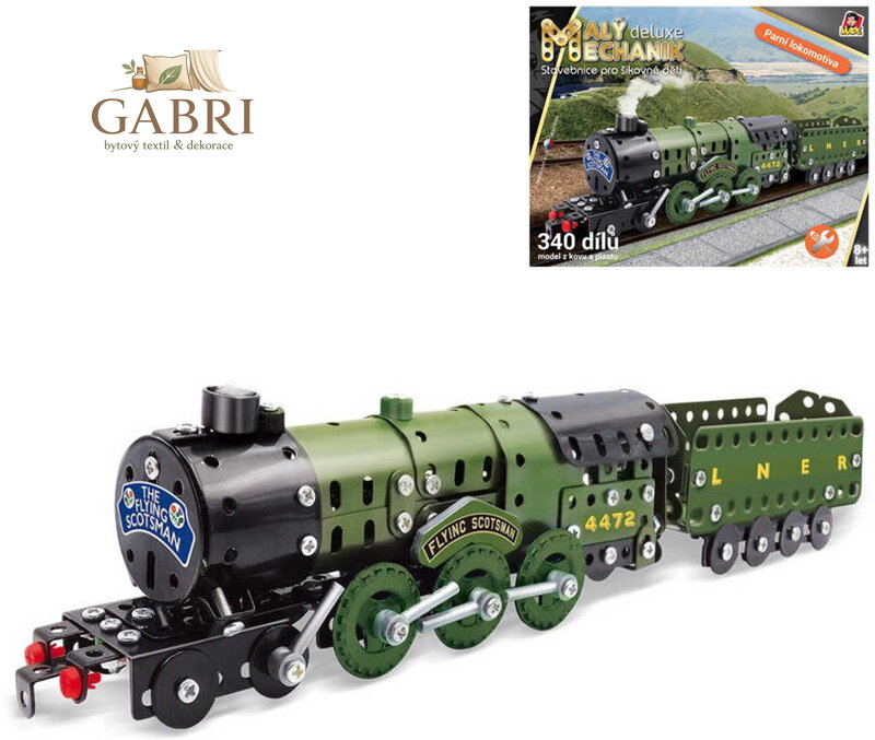 MALÝ MECHANIK Parní lokomotiva 340 dílků kovová STAVEBNICE typu Merkur