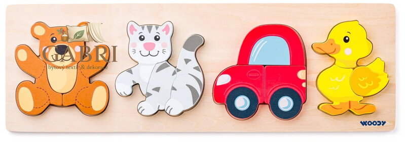WOODY DŘEVO Baby vkládací puzzle skládačka 4 motivy 4v1 na desce