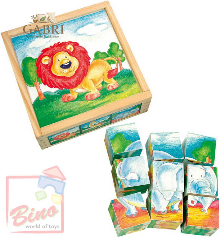 BINO DŘEVO Kostky (kubus) divoká zvířata 9 ks * DŘEVĚNÉ HRAČKY *