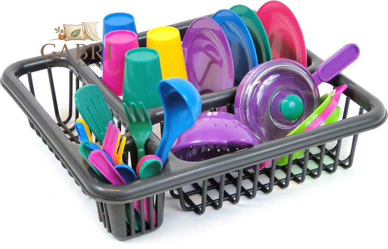 Nádobí dětské barevné kuchyňský set s odkapávačem a houbičkou plast