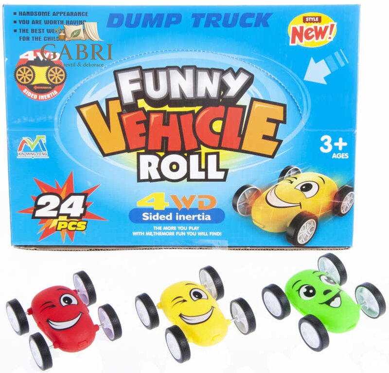 Autíčko veselé překlápěcí s obličejem 6cm na setrvačník 3 barvy plast