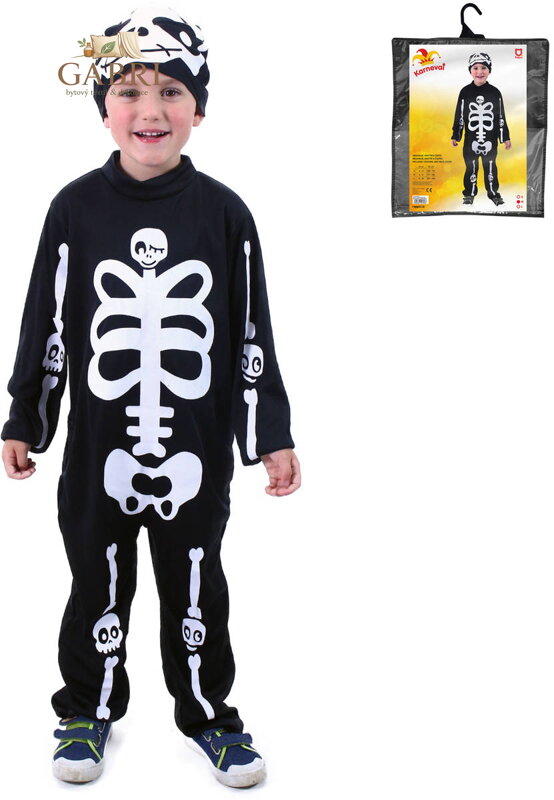 KARNEVAL Šaty kostlivec s čepicí vel. M (117-128cm) 6-8 let *KOSTÝM*