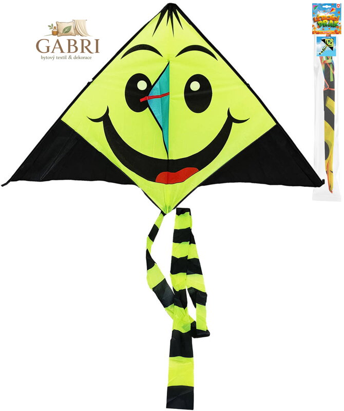 Drak létající smíšek 140cm žlutočerný smajlík s třásněmi nylonový