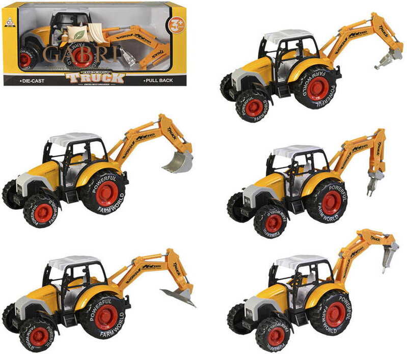 Stroj stavební 24cm bagr kovový zpětný chod 5 druhů v krabici