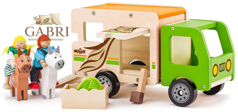 WOODY DŘEVO Auto přeprava koní funkční set se 2 koníky a figurkami