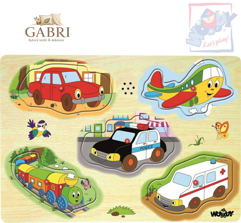 WOODY DŘEVO Puzzle muzikální dopravní prostředky zvukové set 5 dílků