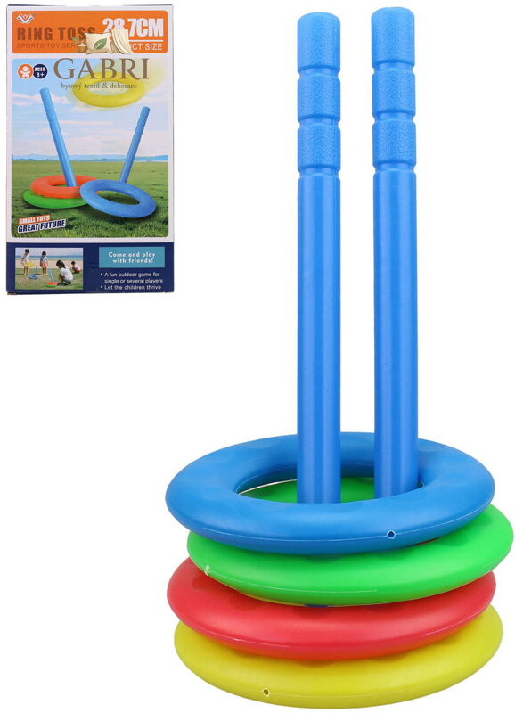 Hra házení kroužků sada házecí kroužky barevné 4ks + 2 kolíčky plast