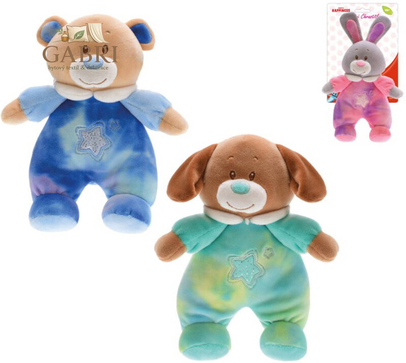 PLYŠ Zvířátko Baby Happiness v oblečku s chrastítkem pro miminko 3 druhy