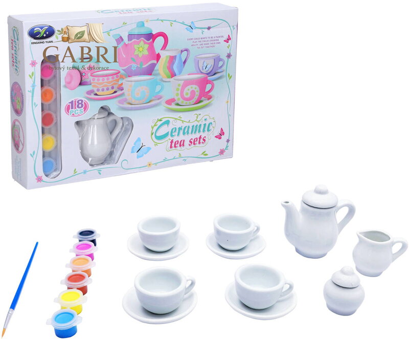 Čajový dětský servis kreativní set s barvičkami malování na porcelán