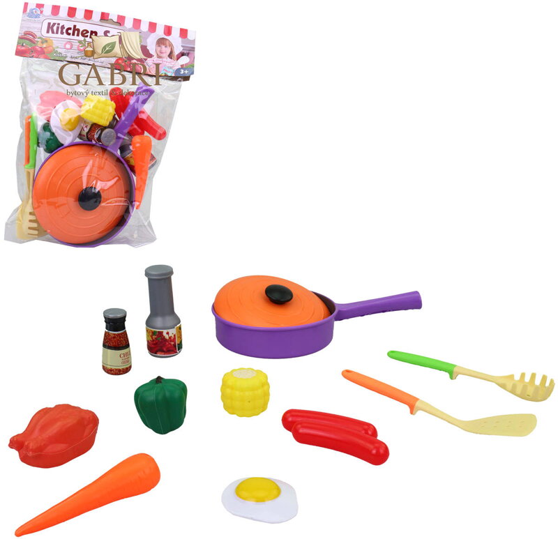 Kuchyňská sada barevné dětské nádobí + makety potravin plast
