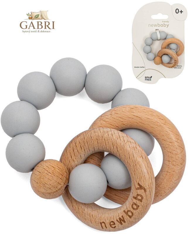 NEW BABY DŘEVO Kousátko s kuličkami šedé silikonové pro miminko