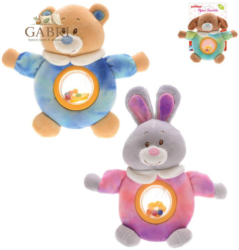 PLYŠ Zvířátko v oblečku Baby Happiness s chrastítkem pro miminko 3 druhy