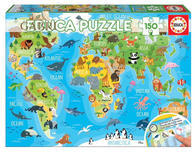 EDUCA Puzzle Mapa se zvířaty světa 150 dílků