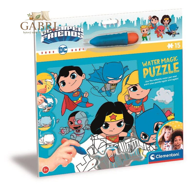 CLEMENTONI Puzzle s malováním vodou Water Magic: DC Super Friends 15 dílků