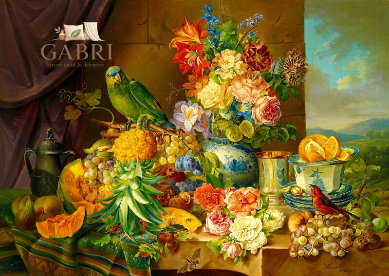 ENJOY Puzzle Josef Schuster: Zátiší s květinami, ovocem a papouškem 1000 dílků