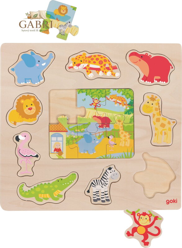 GOKI Dřevěná vkládačka + Puzzle Zvířátka ze ZOO