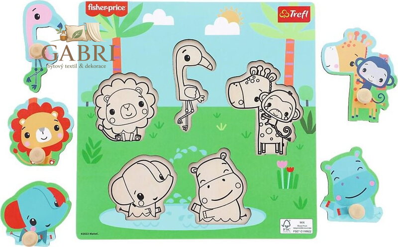 TREFL Dřevěná vkládačka Fisher Price Zábava v divočině