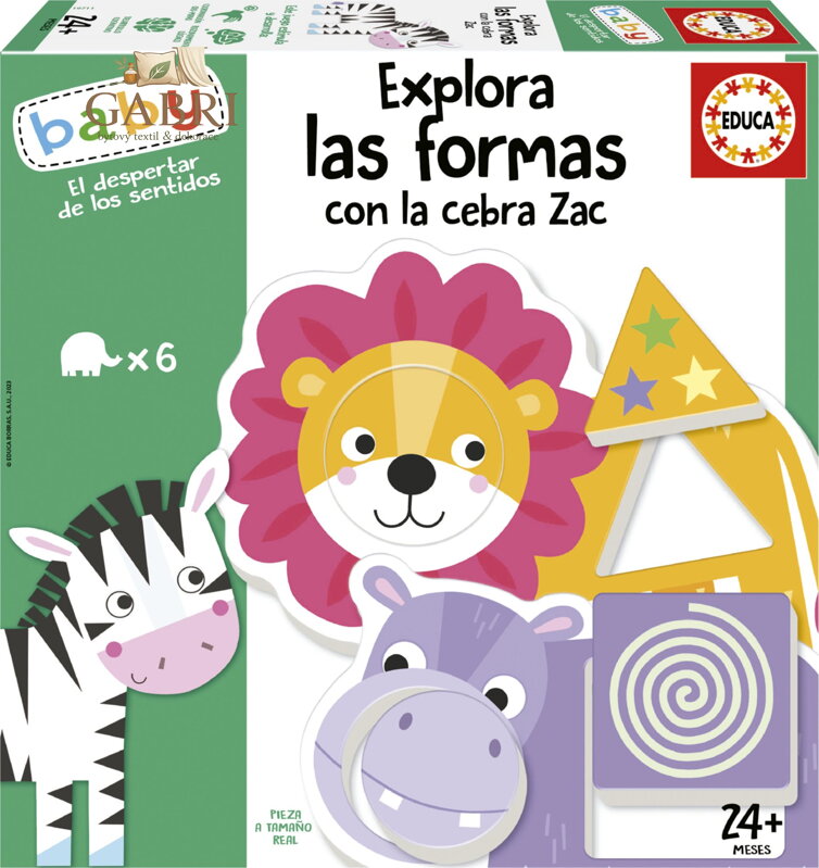 EDUCA Baby vkládačka Prozkoumej tvary se zebrou Zakem 6x2 dílky