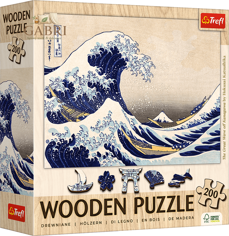 TREFL Dřevěné puzzle Art: Hokusai - Velká vlna Kanagawa 200 dílků