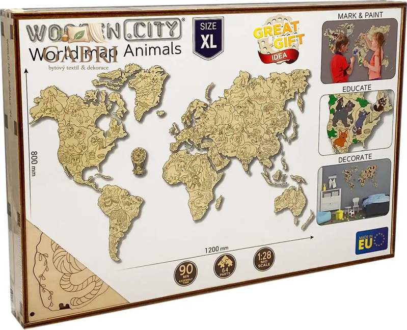 WOODEN CITY Dřevěná mapa světa ZOO XL (120x80cm)