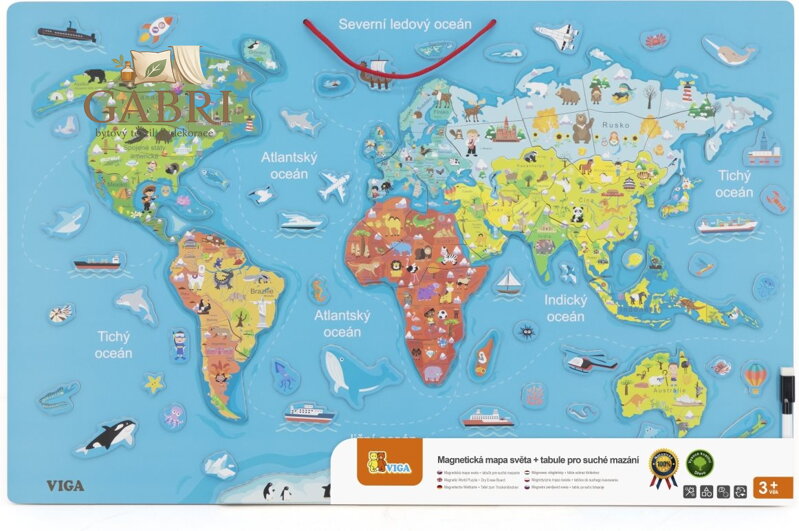 VIGA Dřevěná mapa světa s tabulí v českém jazyce