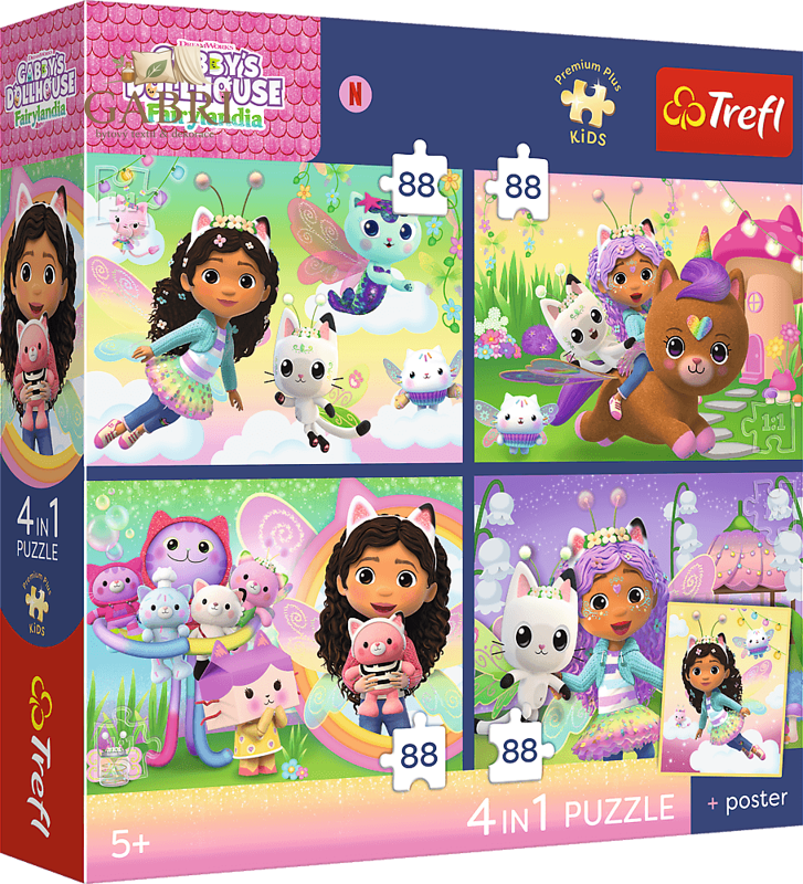 TREFL Puzzle Premium Plus Kids Gábinin kouzelný domek: Kočičí hrátky 4x88 dílků