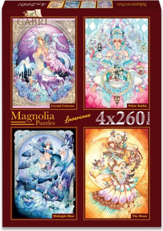 MAGNOLIA Puzzle Křišťálový jednorožec, Bílý králík, Půlnoční modř a Měsíc 4x260 dílků