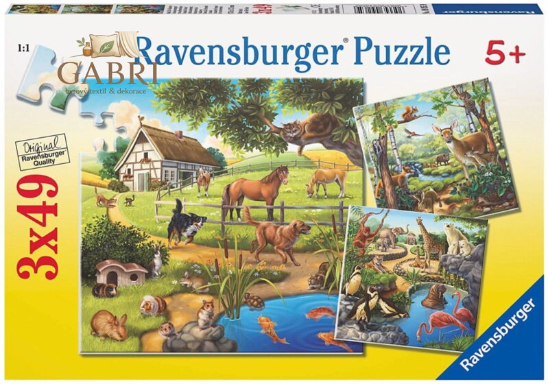 RAVENSBURGER Puzzle Zvířata v lese, ZOO a na statku 3x49 dílků