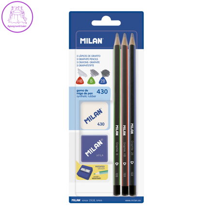 Tužka MILAN 3 x trojhranná HB / B / 2B + guma + ořezávátko