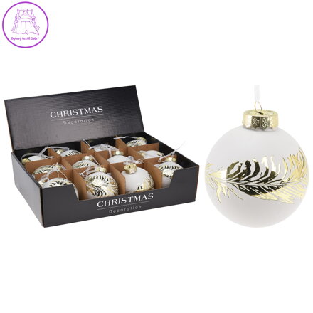 Vánoční skleněná koule 80 mm, bílá-zlatý dekor pírko (cena za 1 ks)