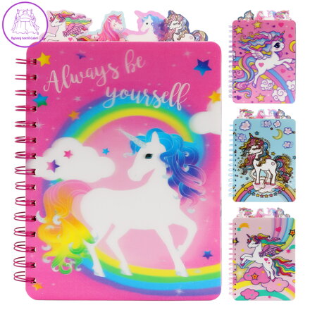 Dětský spirálový zápisník s plastovými záložkami, 120 listů - Jednorožec (mix vzorů)
