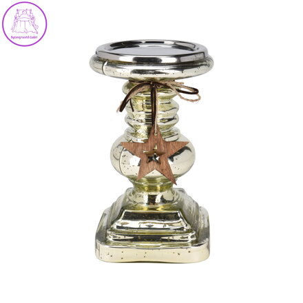 Skleněný svícen 13x22 cm s dřevěnou hvězdou na provázku