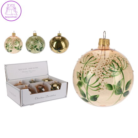 Vánoční koule skleněná 100 mm, zlato-zelená, květinový dekor (3 designy) cena za 1 ks