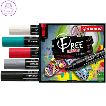 Akrylový popisovač STABILO FREE Acrylic T800C Klínový hrot 4-10 mm - Bold, sada 5 ks