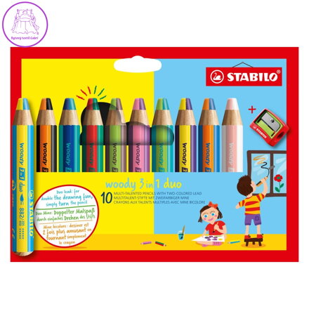 Multifunkční barvička STABILO woody 3v1 duo - dvoubarevná tuha - 10 ks sada se struhadlem