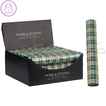 Organza látková 28x270 cm - zelená, vzor káro zlaté barvy