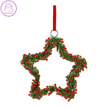 Skleněný vánoční věnec 20 cm na zavěšení, zeleno-červená hvězda