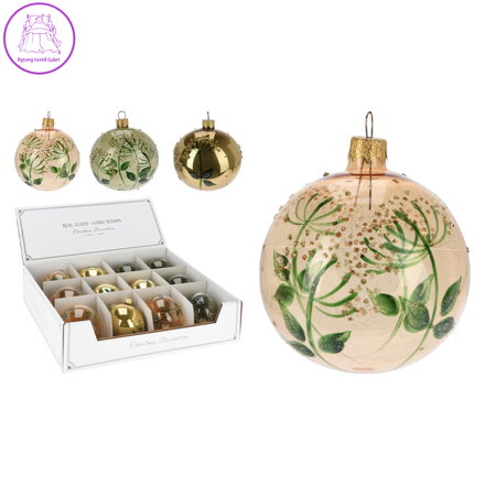 Vánoční koule skleněná 80 mm, zlato-zelená, květinový dekor (3 designy) cena za 1 ks