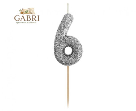 Dortová svíčka B&C - číslo "6" glitter černá 11 cm