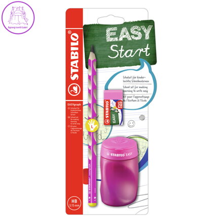 Školní set pro leváky - tužka STABILO EASYgraph v růžové barvě + guma a ořezávátko