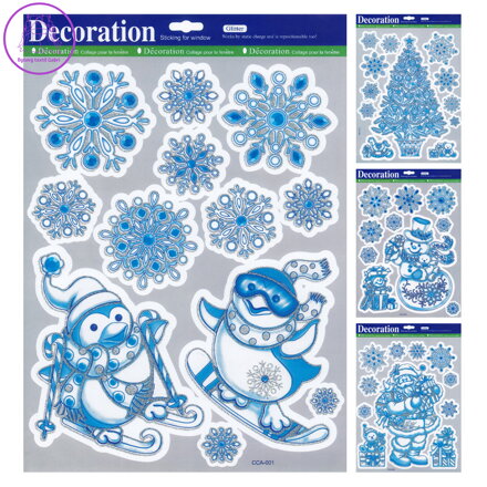 Adhezní nálepky vánoční 30 x 38 cm / stříbrný glitter (mix / cena 1 bal.)