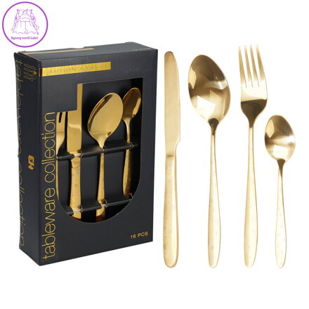 Sada příborů - nerezová ocel/zlatá se sněhem. Sada 16 kusů příborů s motivem sněhové vločk