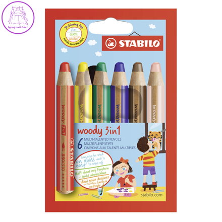Pastelky STABILO woody 3 v 1 - barvička, vodovka, voskovka - 6 ks různých barev