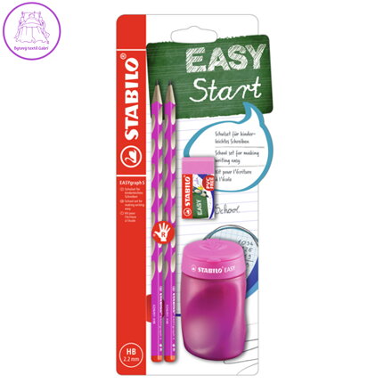 Školní set pro praváky - tužka STABILO EASYgraph S v růžové barvě + gumy a struhadla