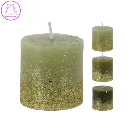 Svíčka válec 5x5 cm, barva olivová se zlatými třpytkami mix /1ks