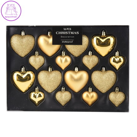 Vánoční ozdoby 65/45 mm srdce - zlatá barva (sada 16 ks)